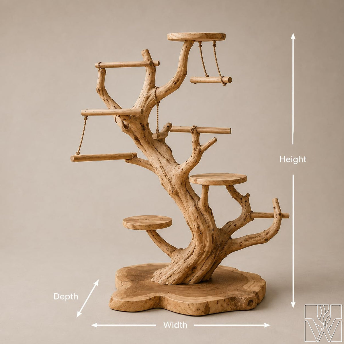 Handcrafted Solid Wood Tree Branch Parrot Play Stand for Small Birds - Image 3