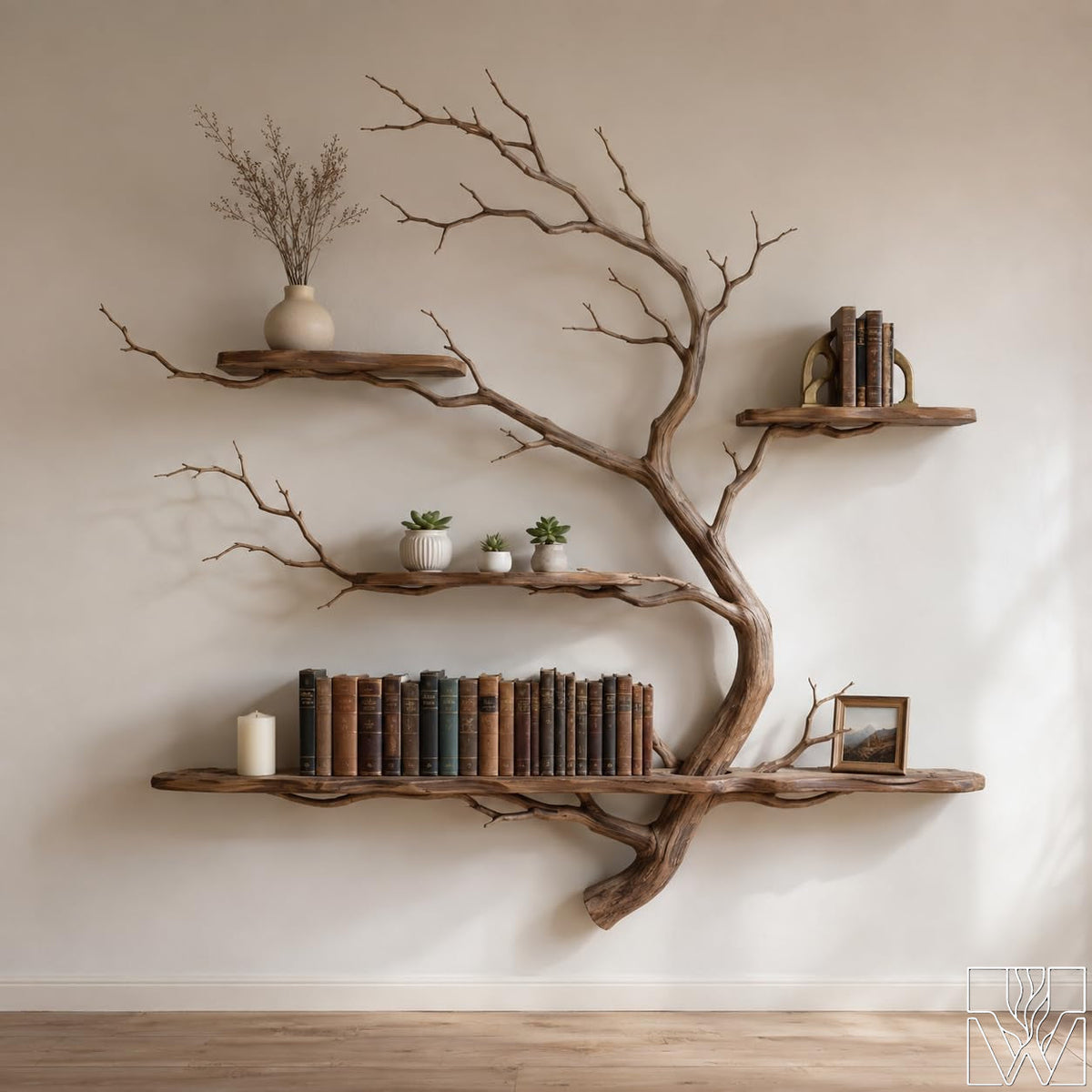 Handcrafted Solid Wood Tree Branch 3-Tier Wall Shelf for Living Room - Image 1