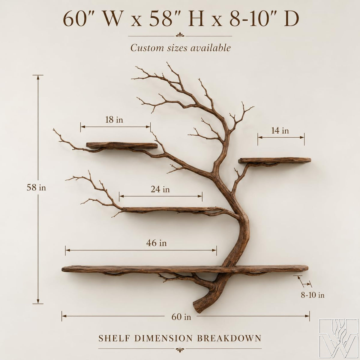 Handcrafted Solid Wood Tree Branch 3-Tier Wall Shelf for Living Room - Image 2