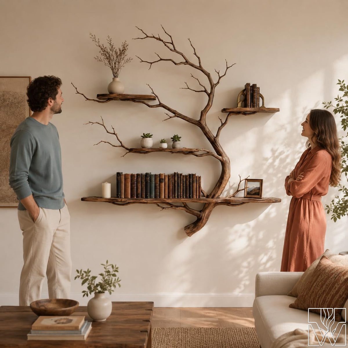 Handcrafted Solid Wood Tree Branch 3-Tier Wall Shelf for Living Room - Image 3