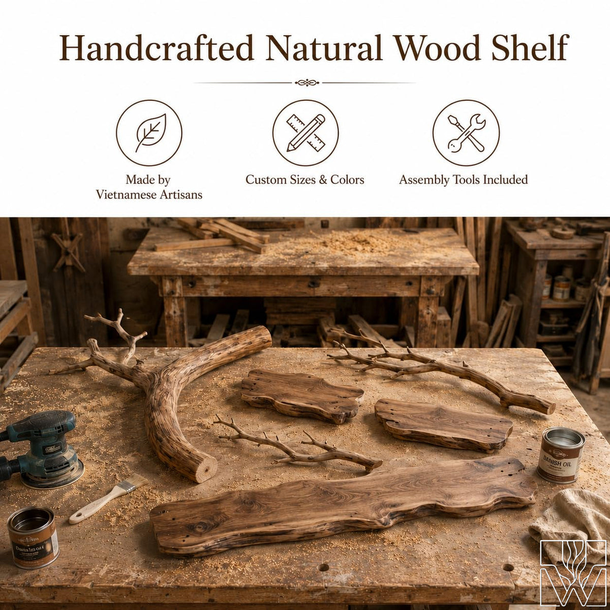 Handcrafted Solid Wood Tree Branch 3-Tier Wall Shelf for Living Room - Image 5