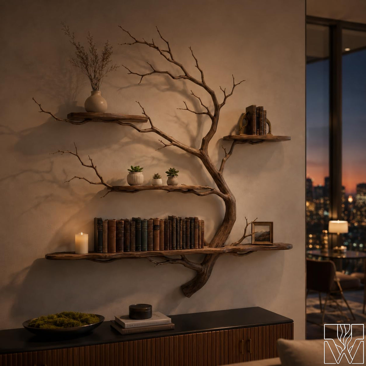 Handcrafted Solid Wood Tree Branch 3-Tier Wall Shelf for Living Room - Image 6