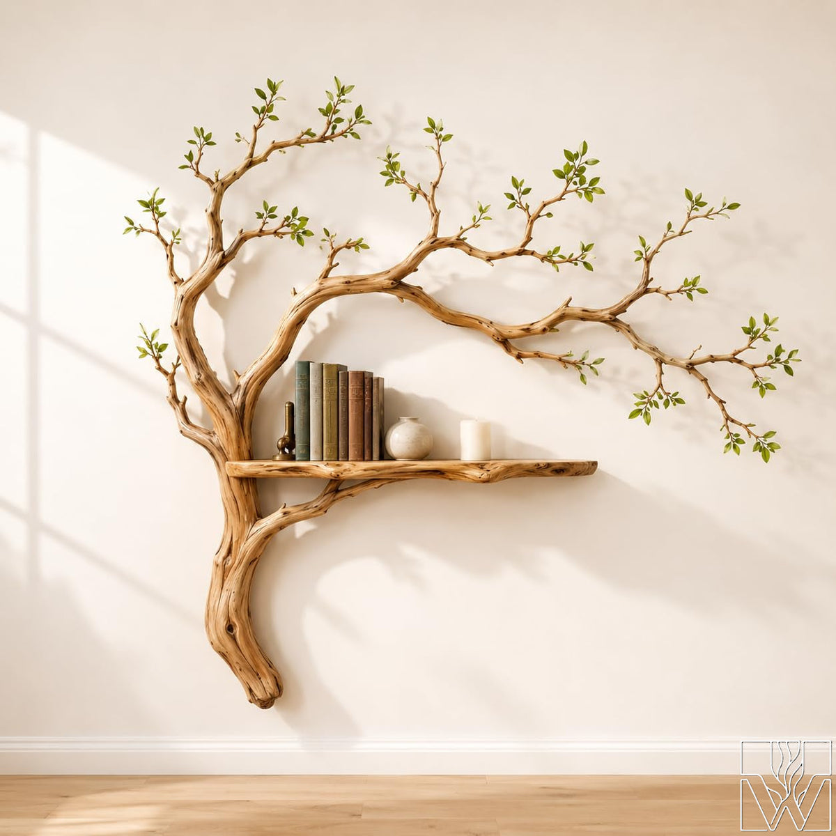 Handcrafted Solid Wood Tree Branch Floating Shelf for Living Room - Image 1