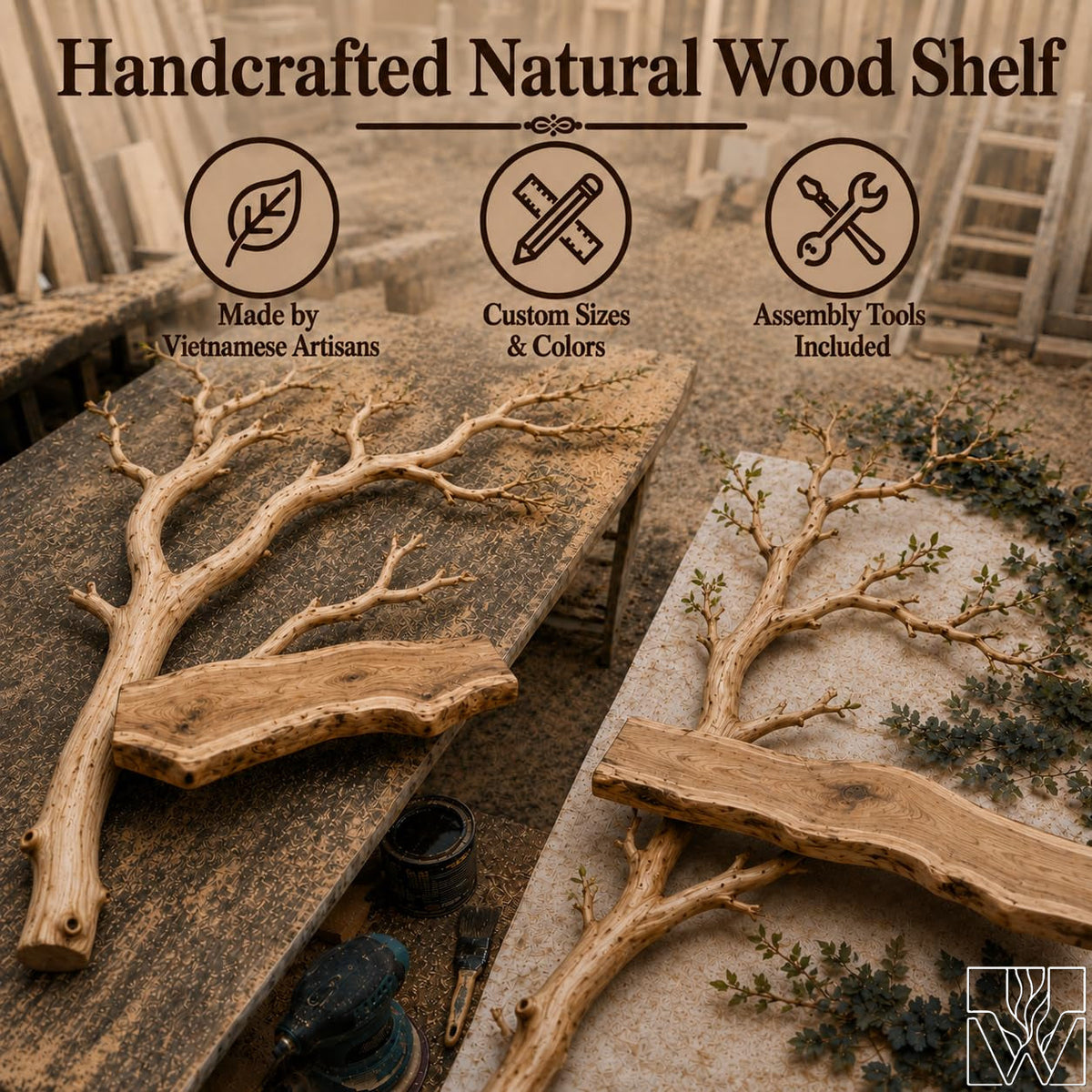 Handcrafted Solid Wood Tree Branch Floating Shelf for Living Room - Image 5