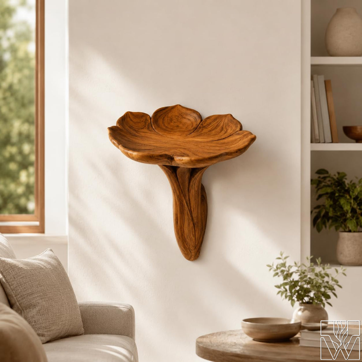 Rustic Solid Wood Organic Bowl Floating Shelf for Living Room - Image 1