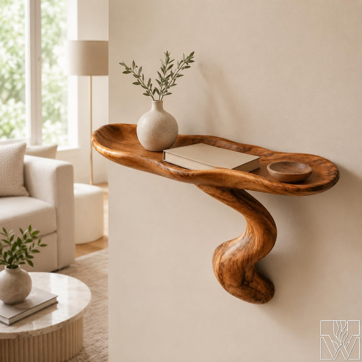Rustic Handcrafted Wooden Wall Shelf with Organic Bowl Design - image 1