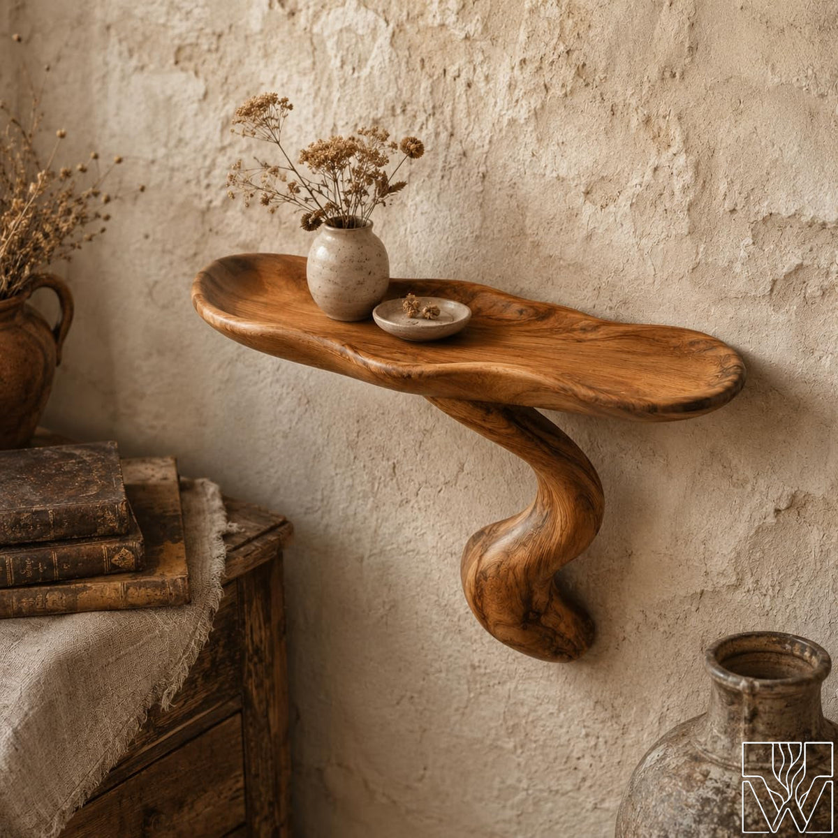 Rustic Handcrafted Wooden Wall Shelf with Organic Bowl Design - image 3