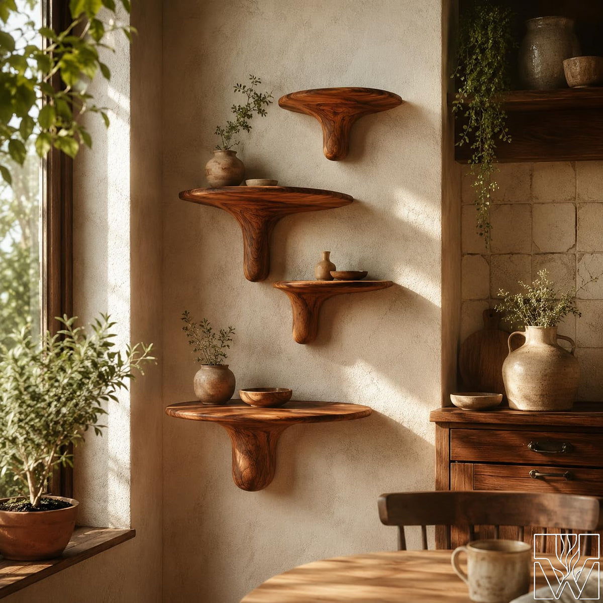 Handcrafted Wooden Wall Shelf with Organic Bowl Design - image 2