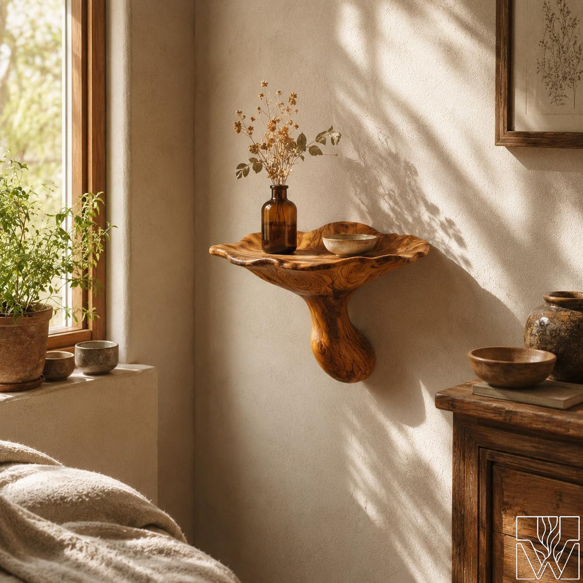 Handcrafted Wooden Wall Shelf with Organic Bowl Design - image 3