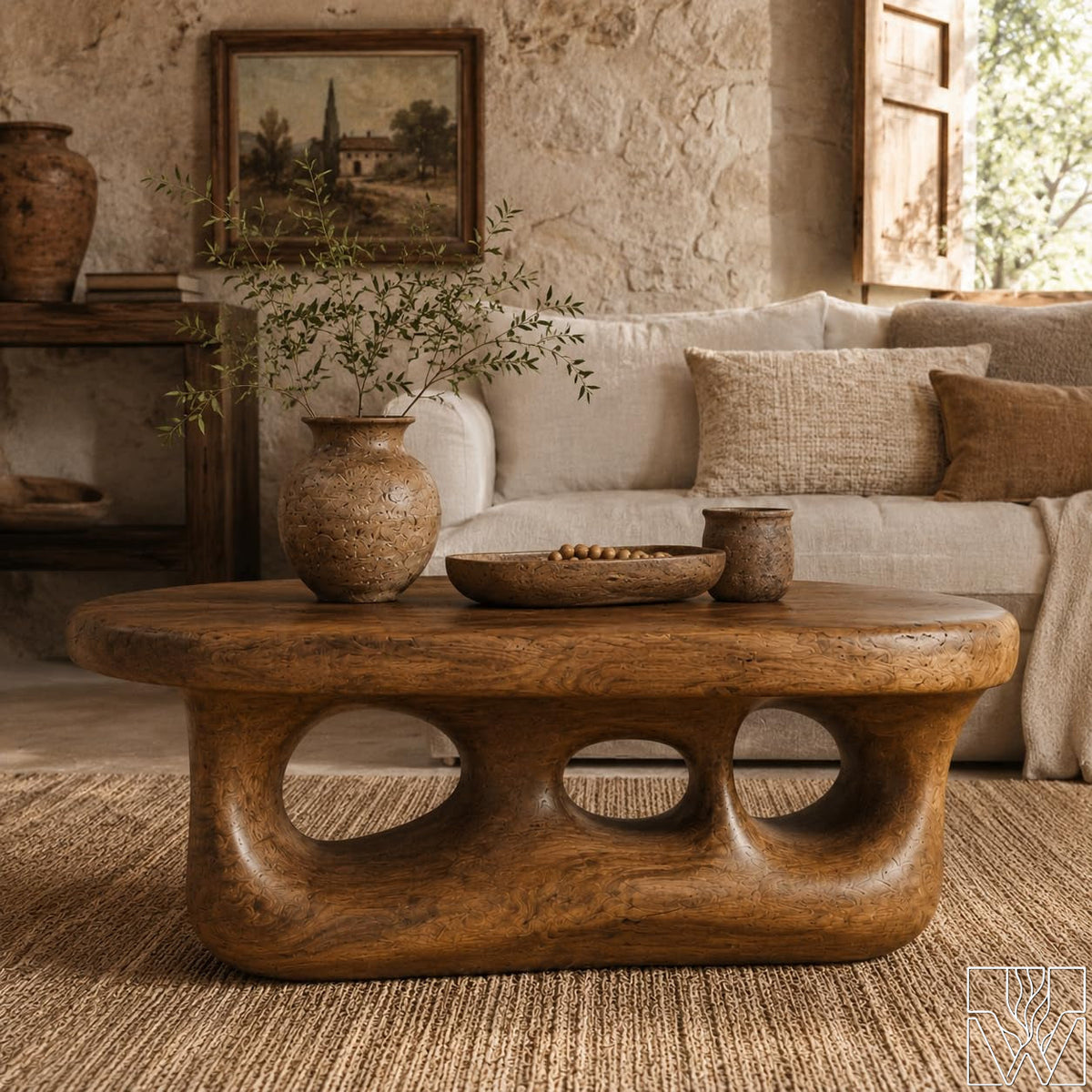 Rustic Modern Wooden Coffee Table with Organic Cutout Base - image 3