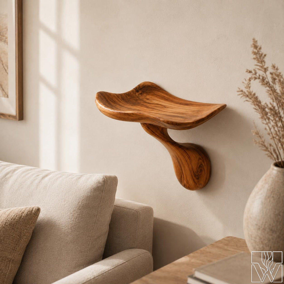 Rustic Wooden Floating Wall Shelf with Organic Bowl Design - image 1
