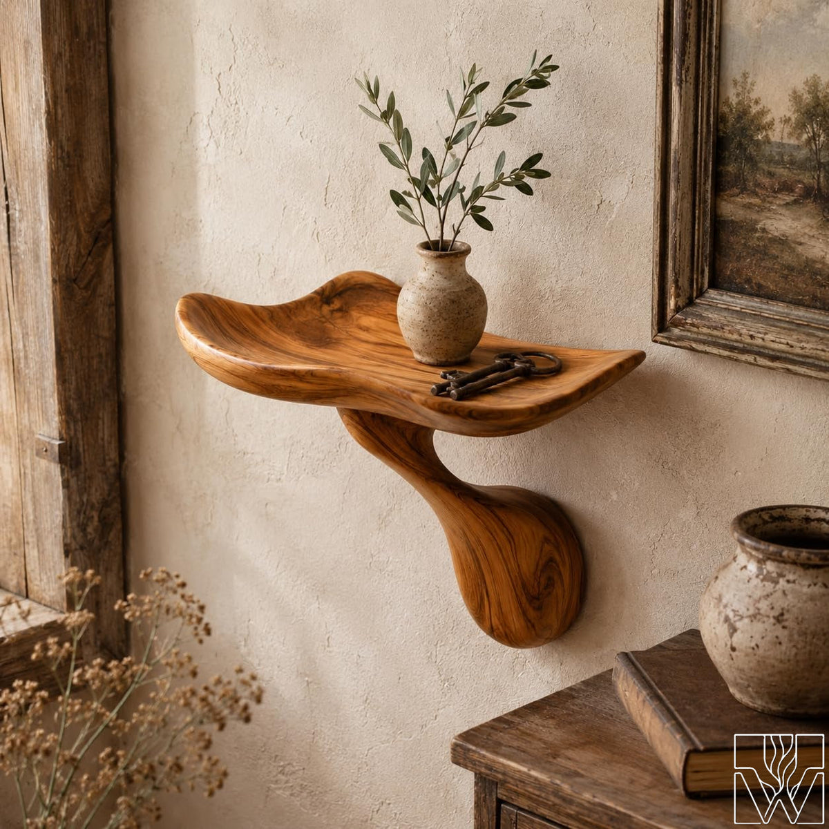 Rustic Wooden Floating Wall Shelf with Organic Bowl Design - image 3
