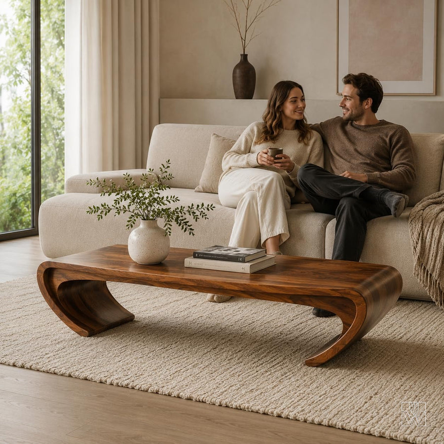 WAZARO Handcrafted Curved Oak Wood Coffee Table