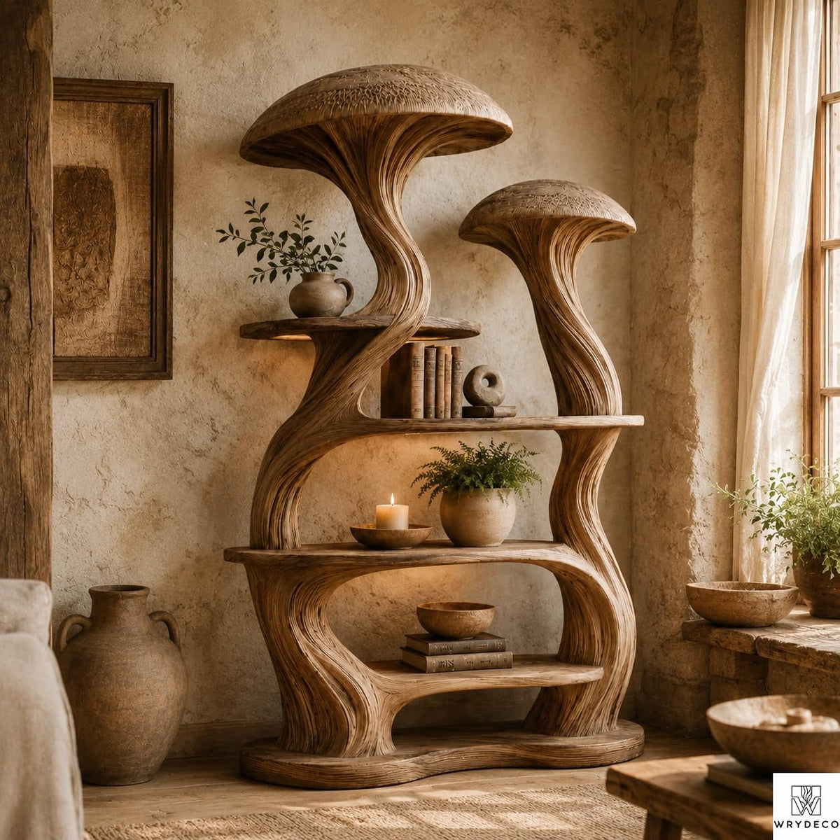PREAUREUM Mushroom Tree Bookshelf - Nature Inspired Wooden Bookcase