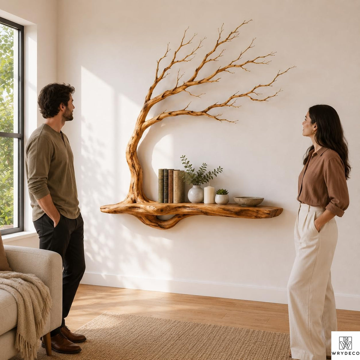 PREAUREUM Handcrafted Tree Branch Floating Wood Wall Shelf (C03)