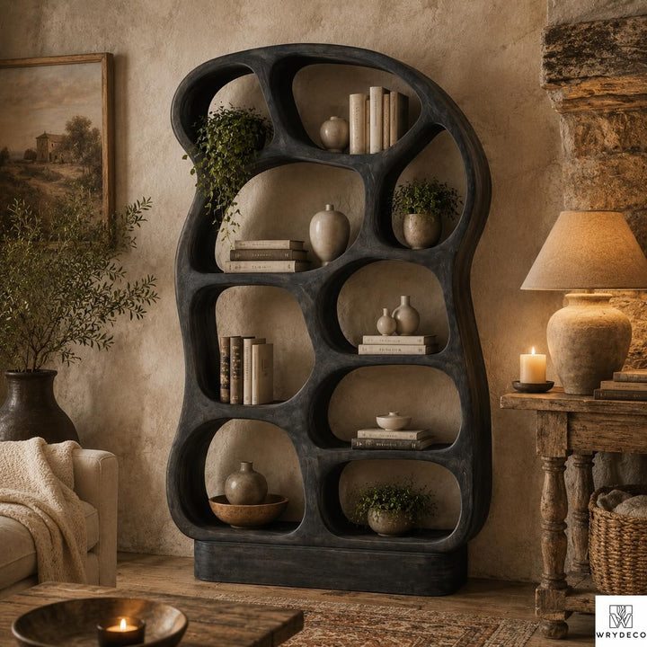 Sculptural Curved Solid Wood Bookshelf for Modern Interiors - View 1. Sculptural Curved Storage A statement solid wood bookshelf that combines open storage with a flowing curved silhouette, bringing warmth, artistic character, and practical display space into modern interiors. 01 Sculptural Curved Design The flowing curved silhouette blends functional shelving with an artistic form, creating a modern focal point while providing open display space for books, plants, décor, and everyday objects. 02 Solid W...