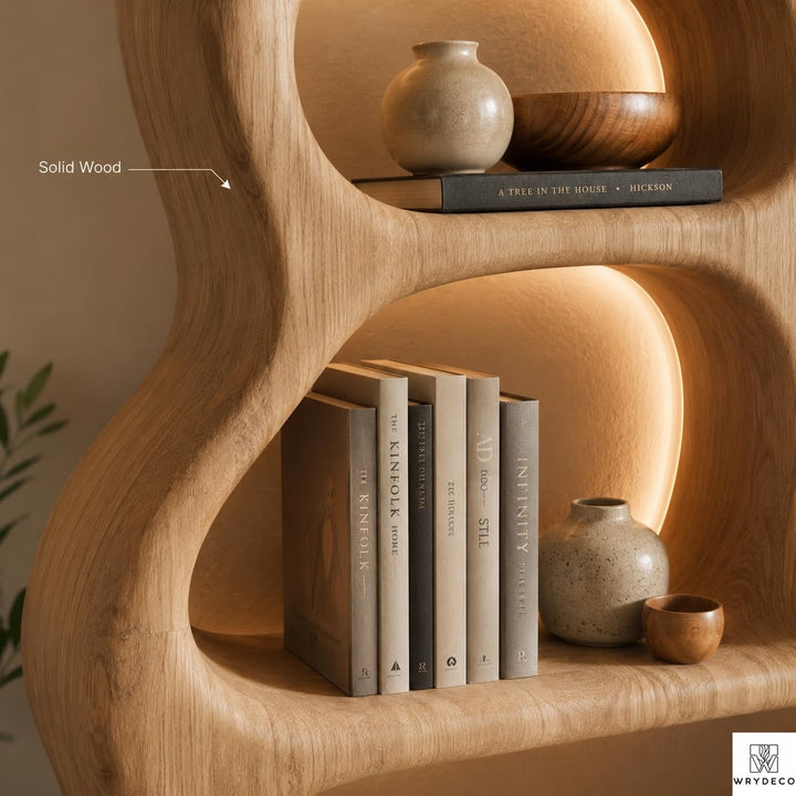 Organic Curved Solid Wood Bookshelf for Modern Living Rooms - View 3. Sculptural Open-Shelf Statement Turn everyday storage into a design feature with a sculptural freestanding bookshelf featuring an organic curved silhouette, open compartments, and flexible display space. 01 Statement Bookshelf Design The organic curved silhouette adds warmth, movement, and visual interest while creating an artistic place to arrange books, pottery, candles, framed photos, and decorative accents. 02 Solid Wood Appearance...