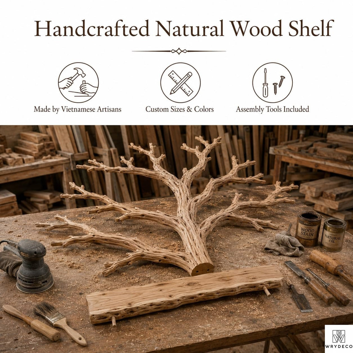 PREAUREUM Handcrafted Tree Branch Floating Wood Wall Shelf (C03)