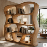 Solid Wood Curved Display Shelf for Living Room Decor - View 1. Sculptural Open-Shelf Statement Turn everyday storage into a design feature with a sculptural freestanding bookshelf featuring an organic curved silhouette, open compartments, and flexible display space. 01 Statement Bookshelf Design The organic curved silhouette adds warmth, movement, and visual interest while creating an artistic place to arrange books, pottery, candles, framed photos, and decorative accents. 02 Solid Wood Appearance A sub...