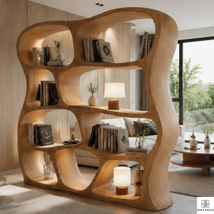 Solid Wood Curved Display Shelf for Living Room Decor - View 1. Sculptural Open-Shelf Statement Turn everyday storage into a design feature with a sculptural freestanding bookshelf featuring an organic curved silhouette, open compartments, and flexible display space. 01 Statement Bookshelf Design The organic curved silhouette adds warmth, movement, and visual interest while creating an artistic place to arrange books, pottery, candles, framed photos, and decorative accents. 02 Solid Wood Appearance A sub...
