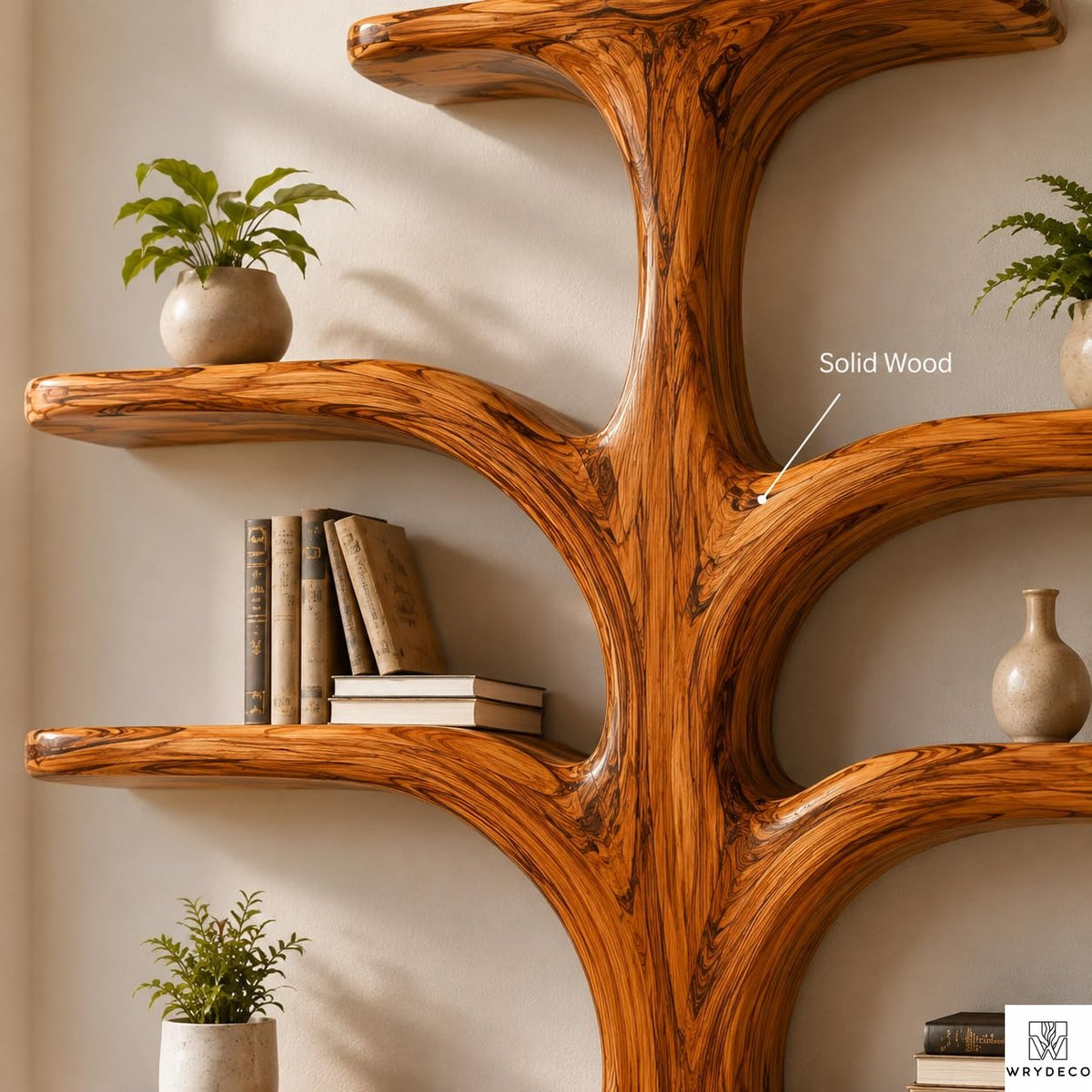 Contemporary Wooden Tree Bookcase, Wall Mounted Branch Display Shelf with 8" D Open Storage for Living Room, Office & Plant Decor (Option 3)