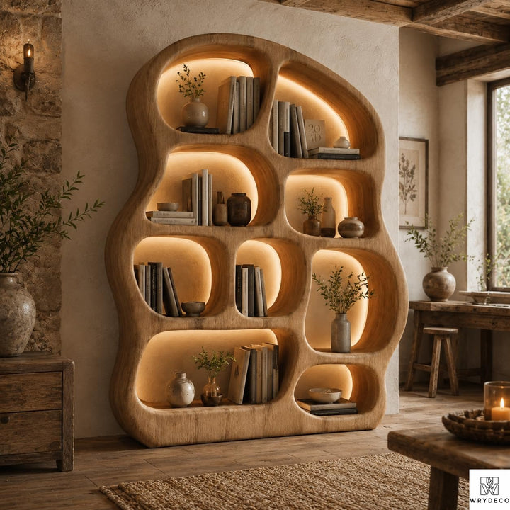 Organic Curved Solid Wood Bookshelf for Modern Living Rooms - View 2. Sculptural Open-Shelf Statement Turn everyday storage into a design feature with a sculptural freestanding bookshelf featuring an organic curved silhouette, open compartments, and flexible display space. 01 Statement Bookshelf Design The organic curved silhouette adds warmth, movement, and visual interest while creating an artistic place to arrange books, pottery, candles, framed photos, and decorative accents. 02 Solid Wood Appearance...