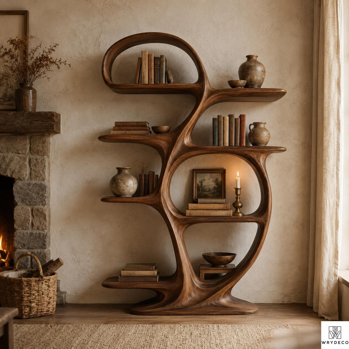PREAUREUM Modern Sculptural Wooden Bookcase Display Shelf