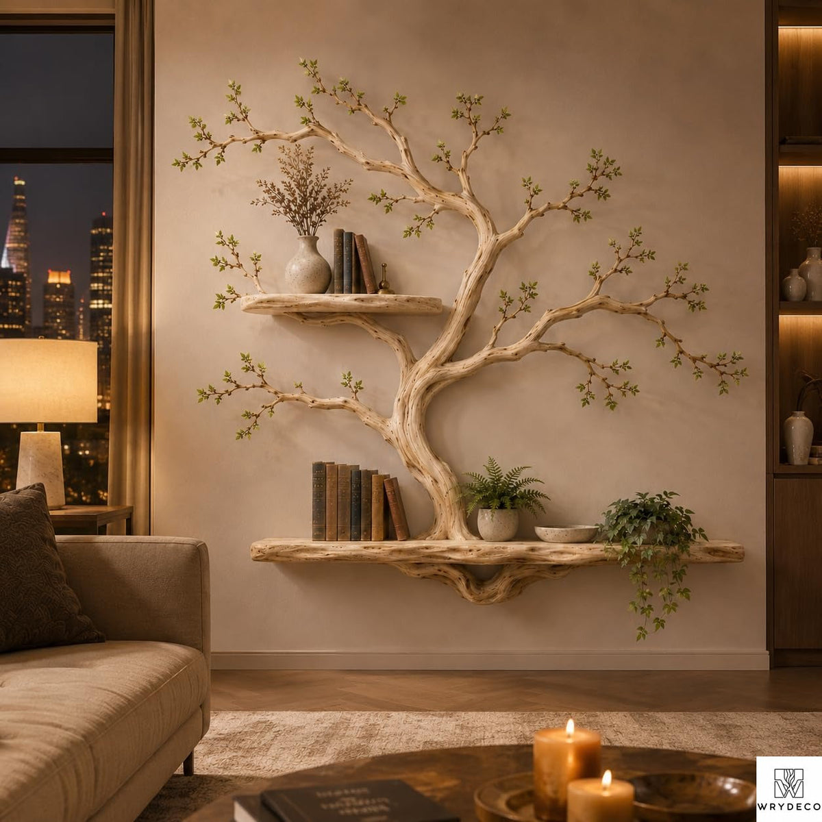 Handcrafted Tree Branch Floating Shelves – Unique Natural Wood Wall Shelf Set, Sculptural Art Display Bookcase for Living Room, Study, Bedroom & Home Library (2 Level Shelves) (C1)