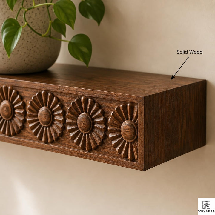 Wall-Mounted Fluted Wood Display Shelf for Home Decor - View 3. Textured Floating Wall Display Add warmth, texture, and practical display space to your wall with a handmade-style floating shelf featuring layered scalloped trim, vertical fluted details, and customizable sizing. 01 Fluted Wood-Inspired Design Layered scalloped trim and vertical fluted detailing give the shelf a warm, dimensional appearance that adds texture and decorative character to the wall. 02 Custom Sizing for Your Space Custom sizing...
