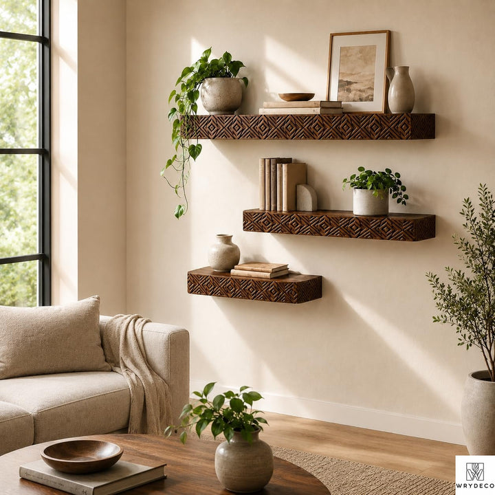 Handmade Fluted Wood Floating Shelf with Scalloped Trim - View 1. Textured Floating Wall Display Add warmth, texture, and practical display space to your wall with a handmade-style floating shelf featuring layered scalloped trim, vertical fluted details, and customizable sizing. 01 Fluted Wood-Inspired Design Layered scalloped trim and vertical fluted detailing give the shelf a warm, dimensional appearance that adds texture and decorative character to the wall. 02 Custom Sizing for Your Space Custom sizi...