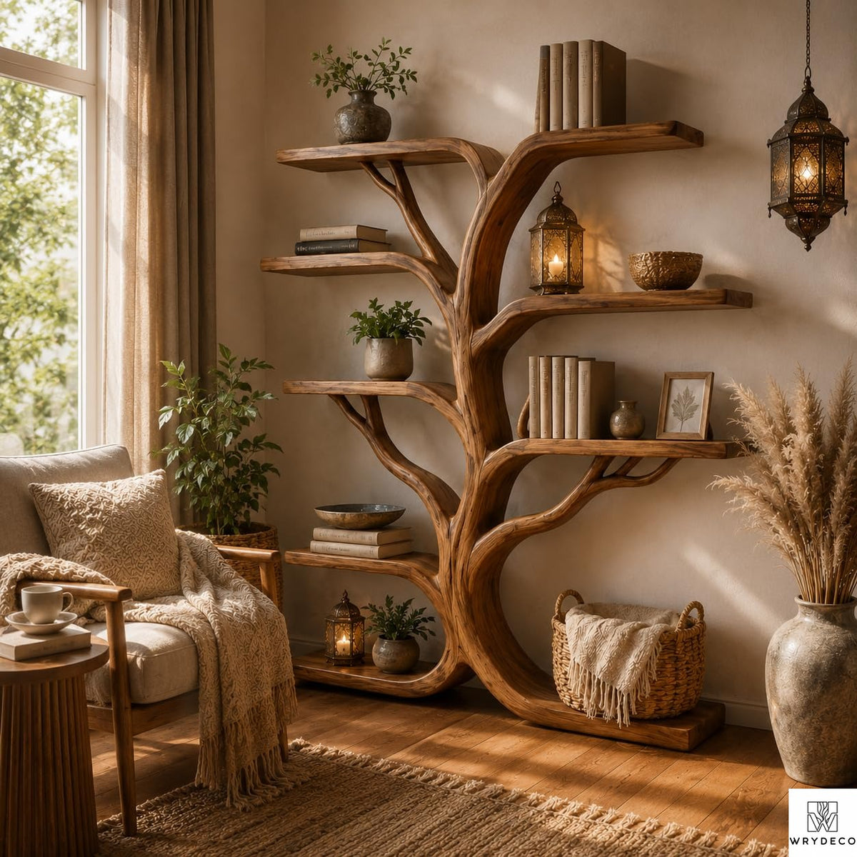 Tree Branch Floor Shelf Solid Wood Bookcase, Wall Mounted Vintage Bookshelf for Rustic Living Room Decor (Option 4)