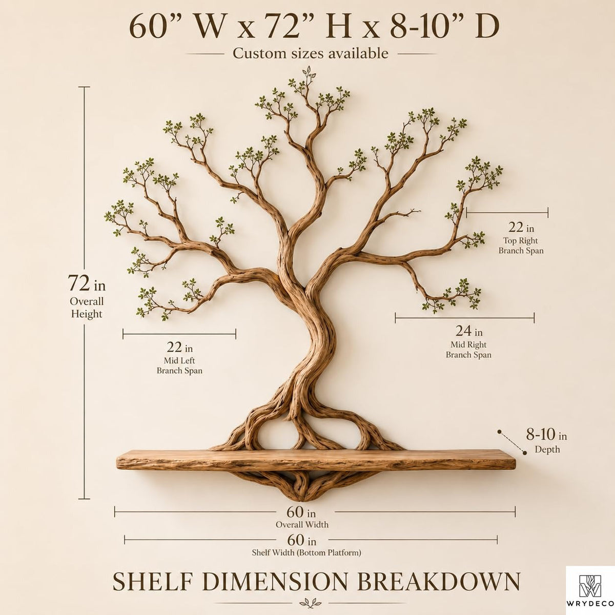 PREAUREUM Handcrafted Tree Branch Floating Wood Wall Shelf (C03)