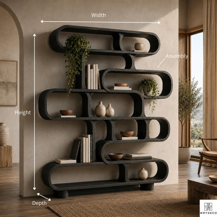 Curved Wood Display Bookcase with Modern Storage Design - View 2. Sculptural Curved Storage A statement solid wood bookshelf that combines open storage with a flowing curved silhouette, bringing warmth, artistic character, and practical display space into modern interiors. 01 Sculptural Curved Design The flowing curved silhouette blends functional shelving with an artistic form, creating a modern focal point while providing open display space for books, plants, décor, and everyday objects. 02 Solid Wood ...