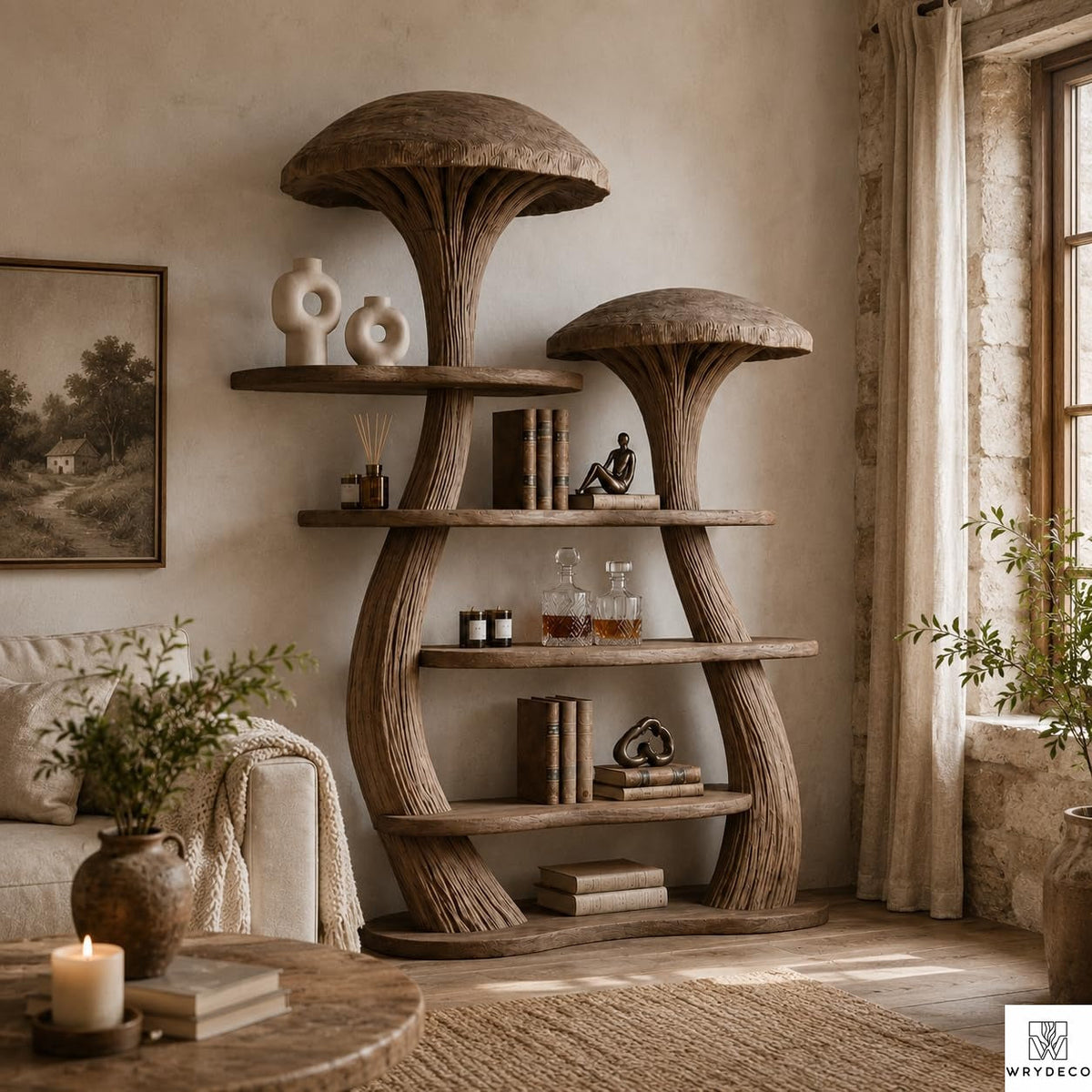 PREAUREUM Mushroom Tree Bookshelf - Nature Inspired Wooden Bookcase