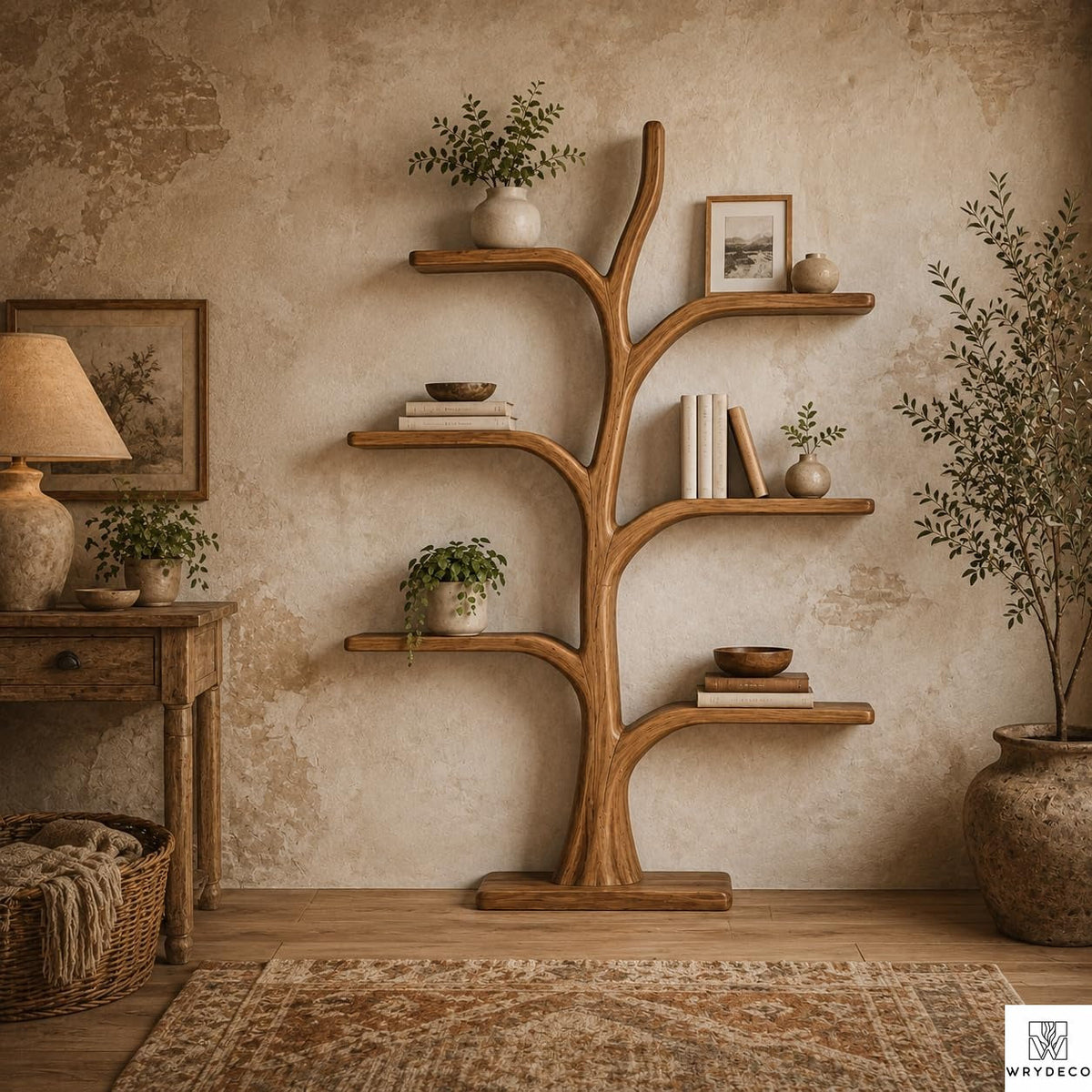 Tree Branch Floor Shelf Solid Wood Bookcase, Wall Mounted Vintage Bookshelf for Rustic Living Room Decor (Option 4)
