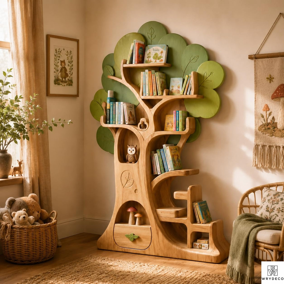 PREAUREUM Handmade Wooden Tree Bookshelf for Kids Room