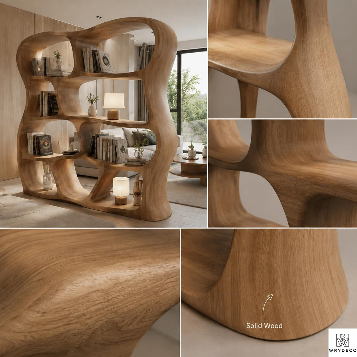 Solid Wood Curved Display Shelf for Living Room Decor - View 7. Sculptural Open-Shelf Statement Turn everyday storage into a design feature with a sculptural freestanding bookshelf featuring an organic curved silhouette, open compartments, and flexible display space. 01 Statement Bookshelf Design The organic curved silhouette adds warmth, movement, and visual interest while creating an artistic place to arrange books, pottery, candles, framed photos, and decorative accents. 02 Solid Wood Appearance A sub...