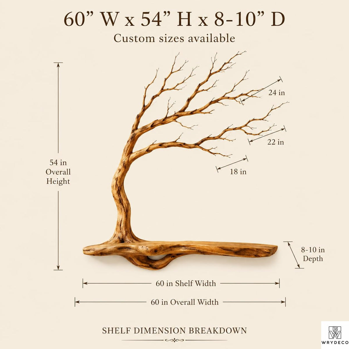 PREAUREUM Handcrafted Tree Branch Floating Wood Wall Shelf (C03)