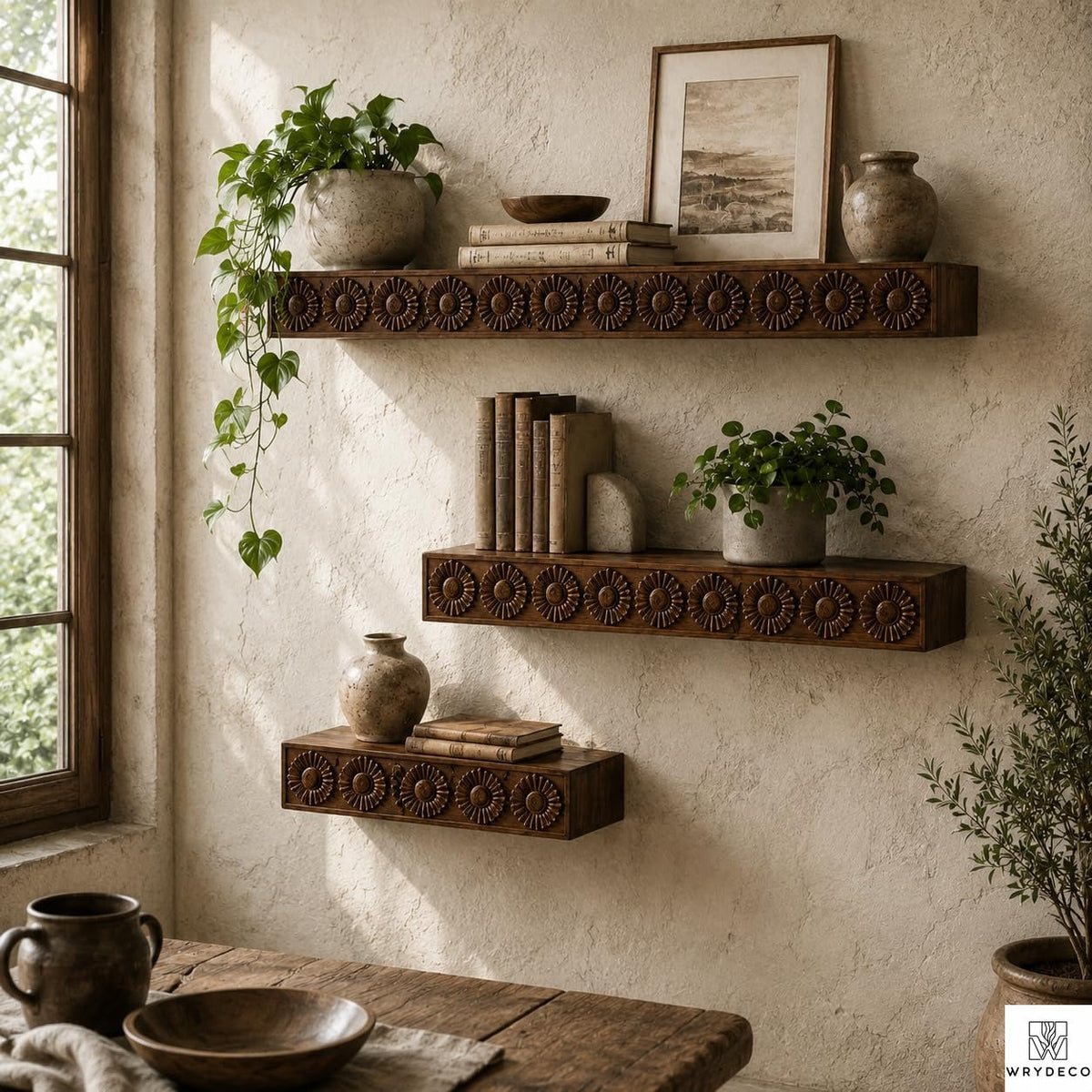 Wall-Mounted Fluted Wood Display Shelf for Home Decor - View 2. Textured Floating Wall Display Add warmth, texture, and practical display space to your wall with a handmade-style floating shelf featuring layered scalloped trim, vertical fluted details, and customizable sizing. 01 Fluted Wood-Inspired Design Layered scalloped trim and vertical fluted detailing give the shelf a warm, dimensional appearance that adds texture and decorative character to the wall. 02 Custom Sizing for Your Space Custom sizing...