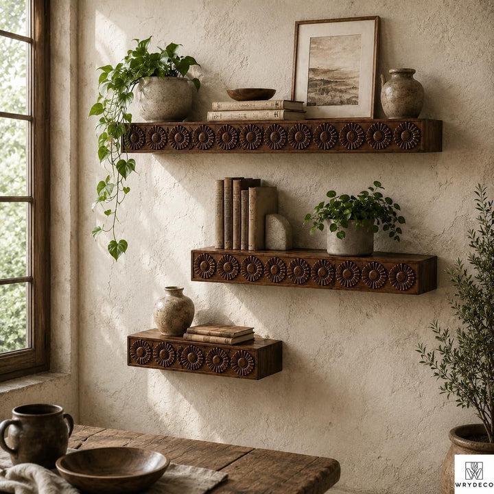 Wall-Mounted Fluted Wood Display Shelf for Home Decor - View 2. Textured Floating Wall Display Add warmth, texture, and practical display space to your wall with a handmade-style floating shelf featuring layered scalloped trim, vertical fluted details, and customizable sizing. 01 Fluted Wood-Inspired Design Layered scalloped trim and vertical fluted detailing give the shelf a warm, dimensional appearance that adds texture and decorative character to the wall. 02 Custom Sizing for Your Space Custom sizing...
