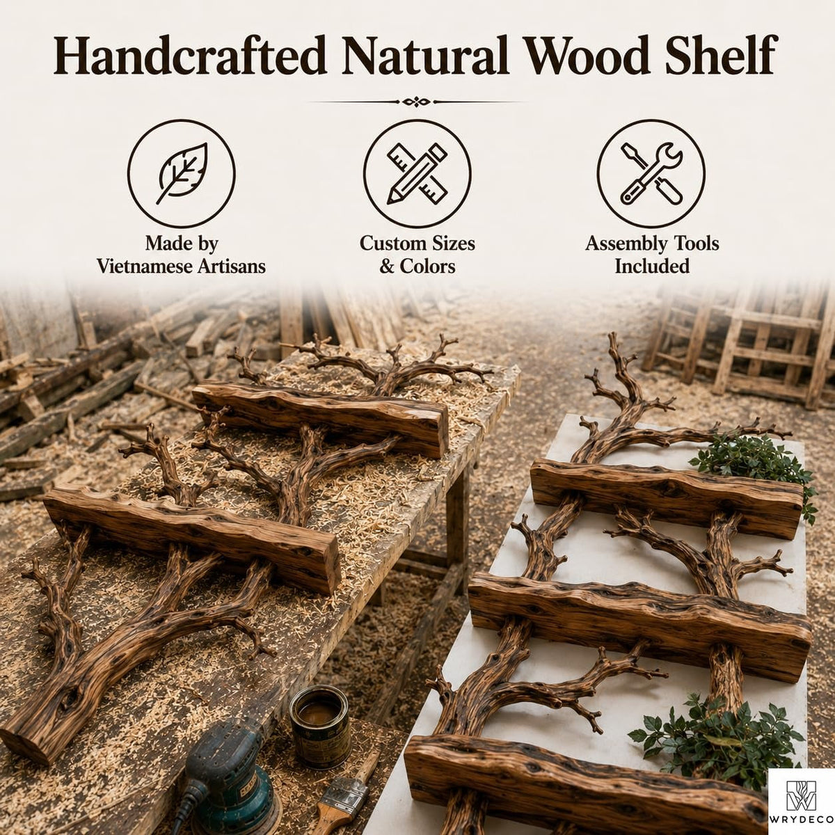 Handcrafted Tree Branch Floating Shelves – Unique Natural Wood Wall Shelf Set, Sculptural Art Display Bookcase for Living Room, Study, Bedroom & Home Library (2 Level Shelves) (C1)