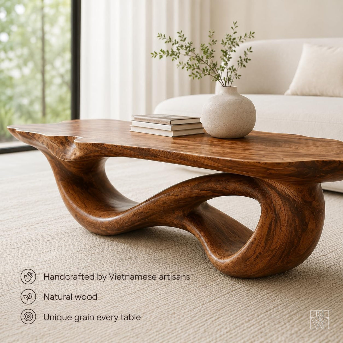 WAZARO Handcrafted Oak Wood Coffee Table - Sculptural Wave Design