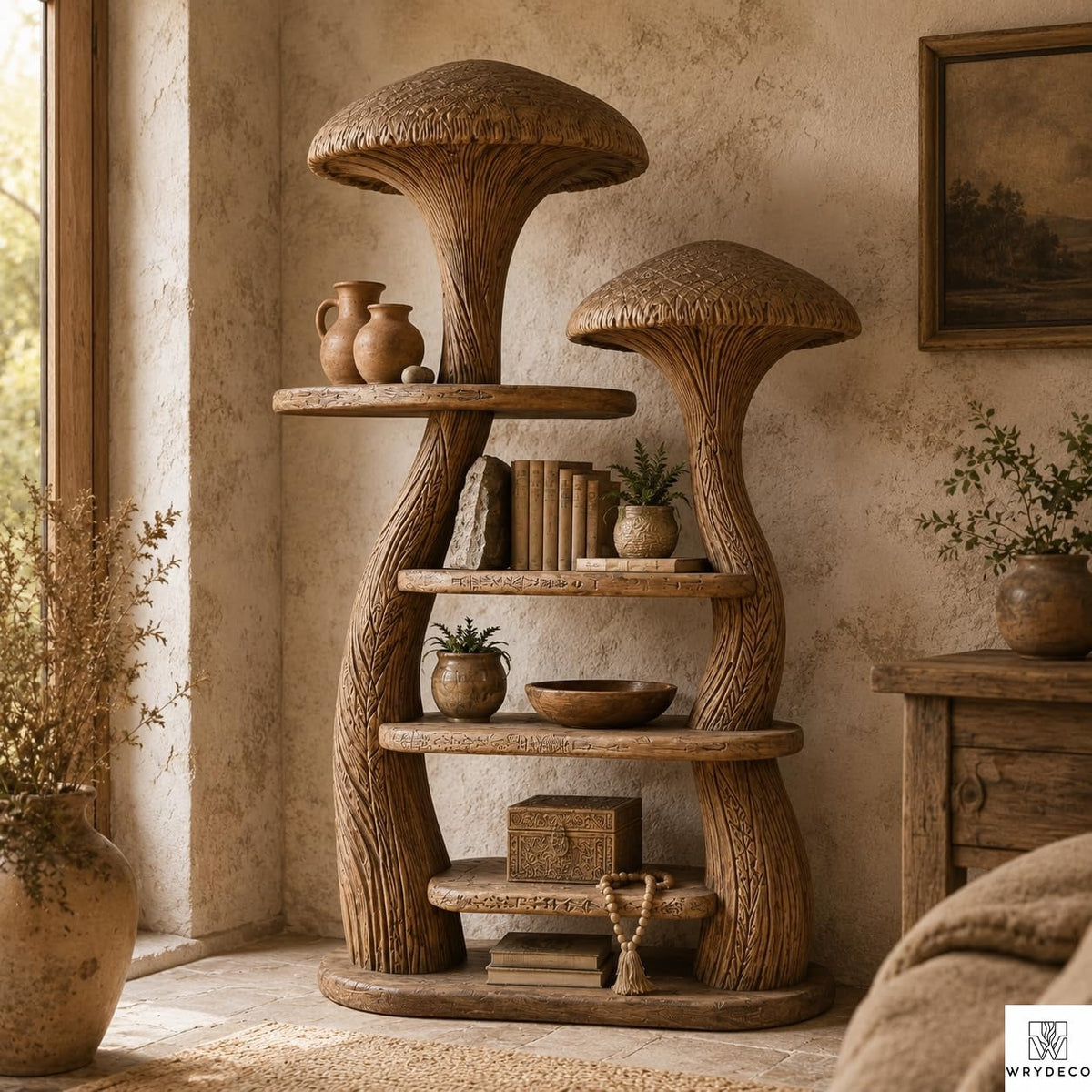 PREAUREUM Mushroom Tree Bookshelf - Nature Inspired Wooden Bookcase
