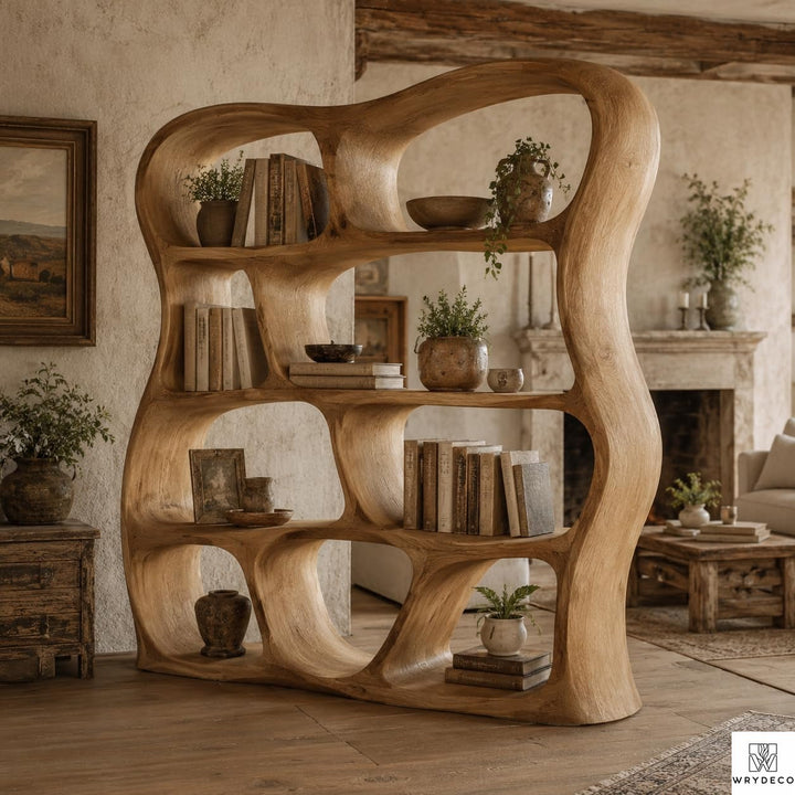 Solid Wood Curved Display Shelf for Living Room Decor - View 9. Sculptural Open-Shelf Statement Turn everyday storage into a design feature with a sculptural freestanding bookshelf featuring an organic curved silhouette, open compartments, and flexible display space. 01 Statement Bookshelf Design The organic curved silhouette adds warmth, movement, and visual interest while creating an artistic place to arrange books, pottery, candles, framed photos, and decorative accents. 02 Solid Wood Appearance A sub...