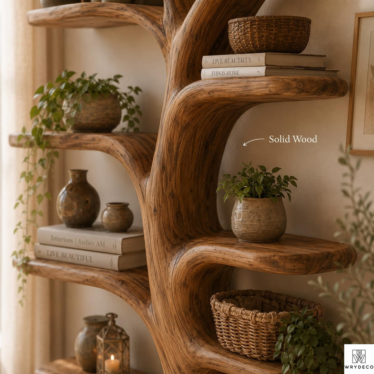 Tree Branch Floor Shelf Solid Wood Bookcase, Wall Mounted Vintage Bookshelf for Rustic Living Room Decor (Option 4)