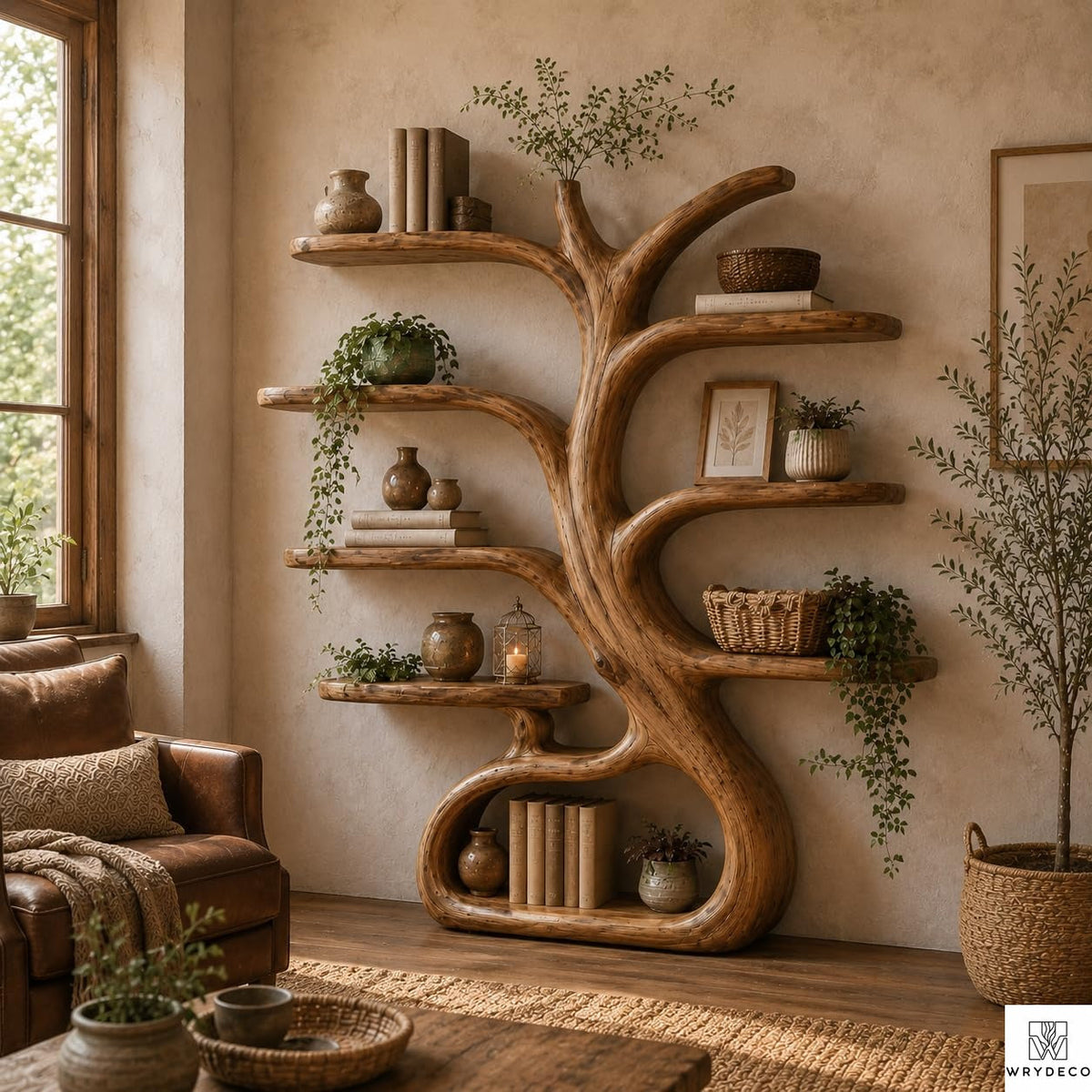 Tree Branch Floor Shelf Solid Wood Bookcase, Wall Mounted Vintage Bookshelf for Rustic Living Room Decor (Option 4)