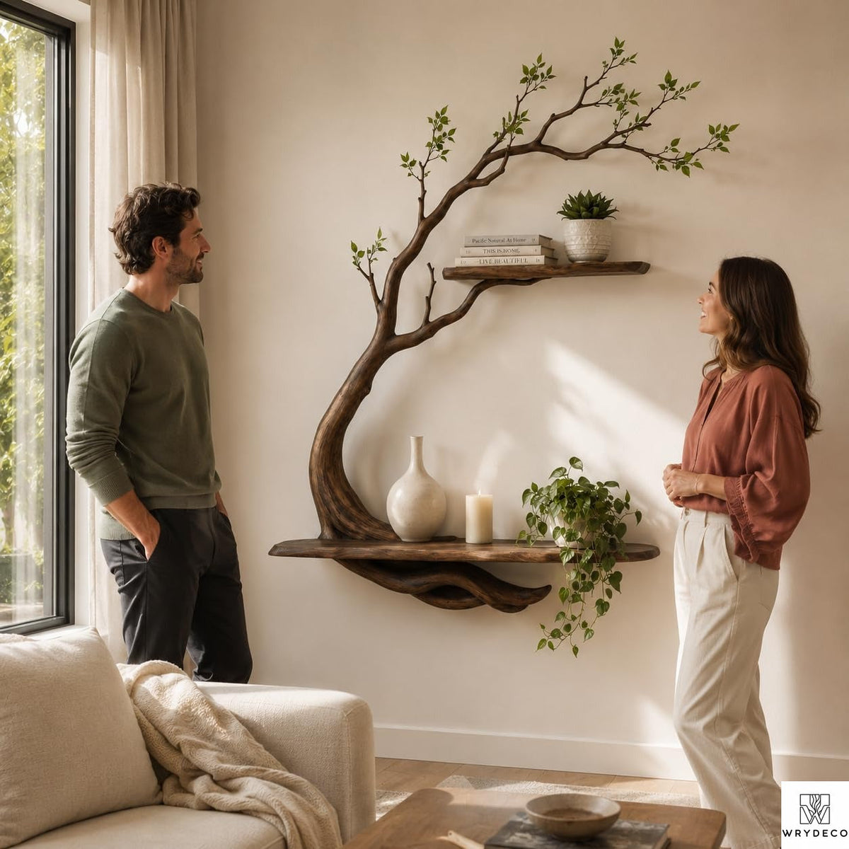 Handcrafted Tree Branch Floating Shelves – Unique Natural Wood Wall Shelf Set, Sculptural Art Display Bookcase for Living Room, Study, Bedroom & Home Library (2 Level Shelves) (C1)