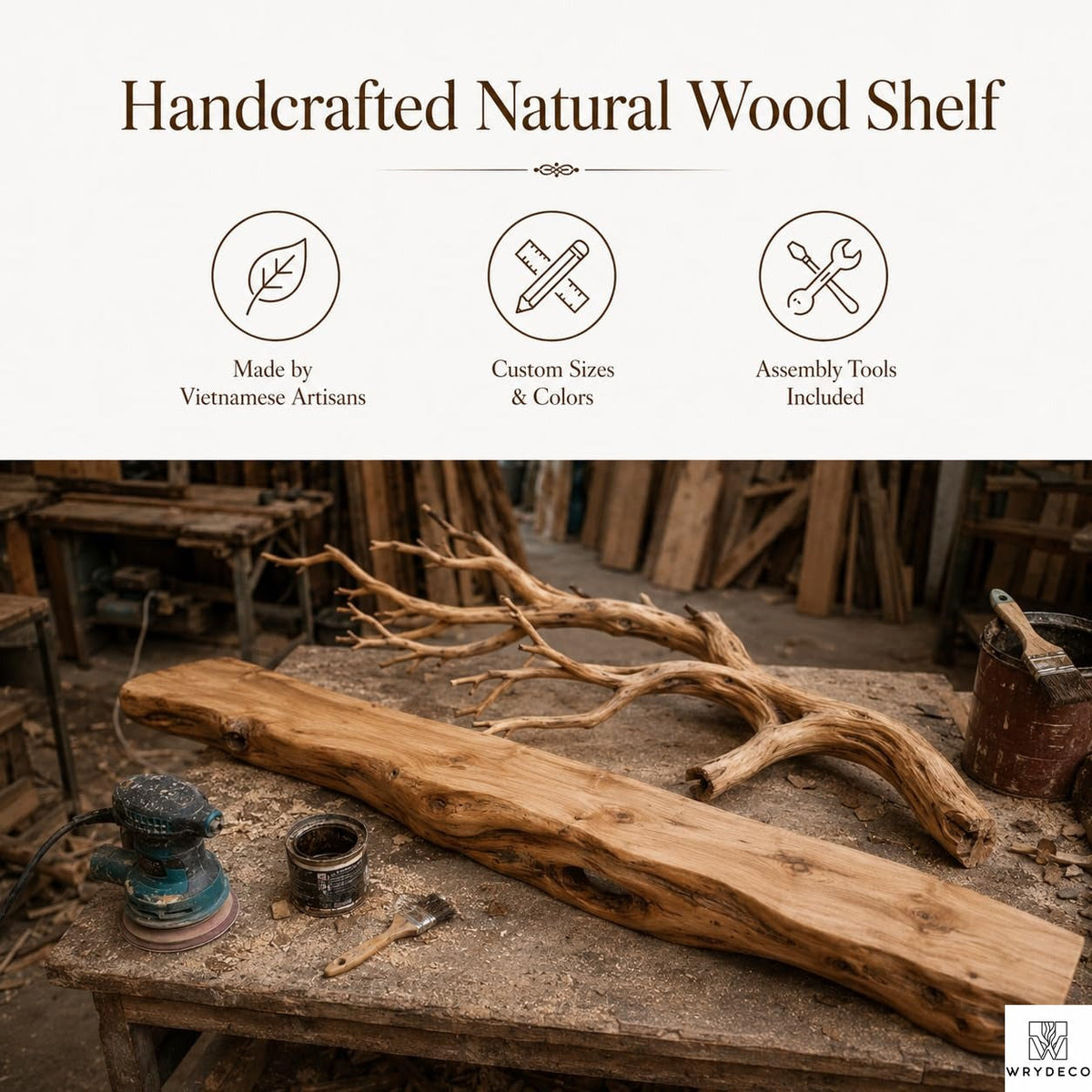 PREAUREUM Handcrafted Tree Branch Floating Wood Wall Shelf (C03)