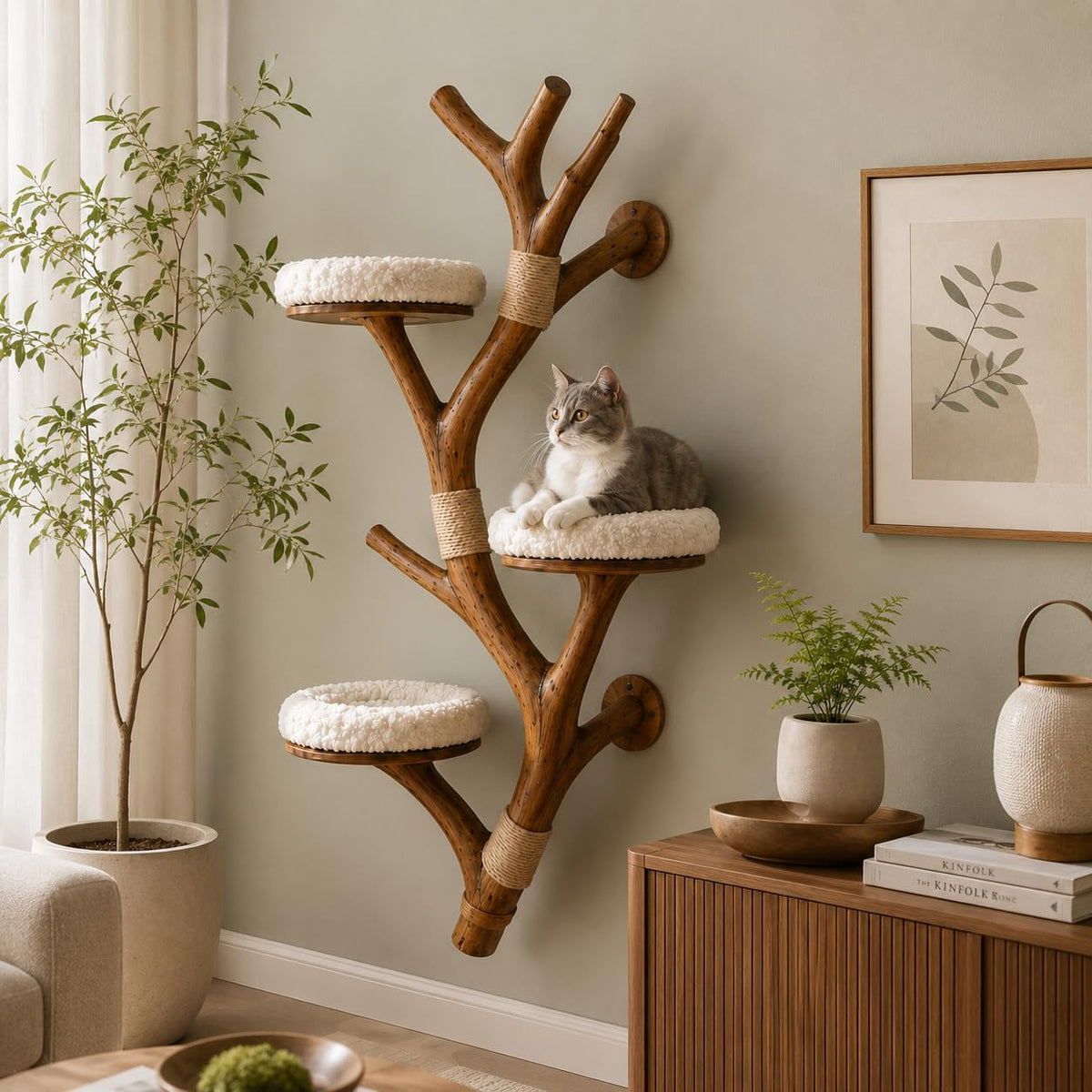 Natural Wood Wall Mounted Cat Climbing Tree for Indoor Cats - image 1
