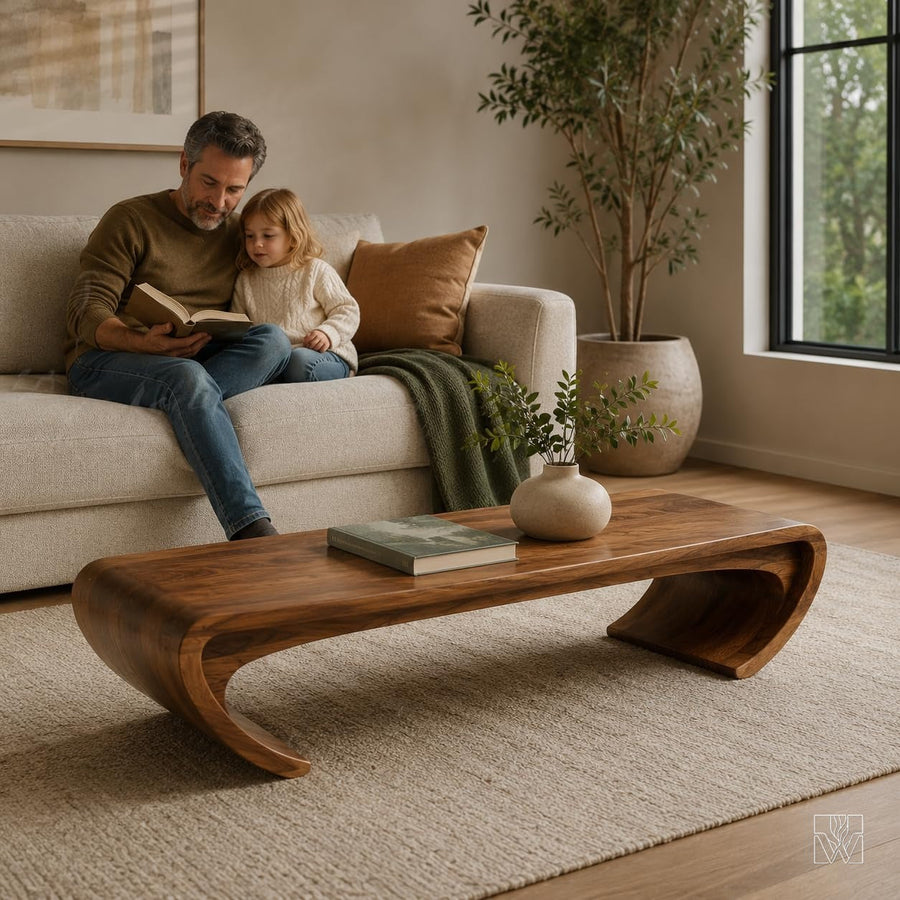 WAZARO Handcrafted Curved Oak Wood Coffee Table